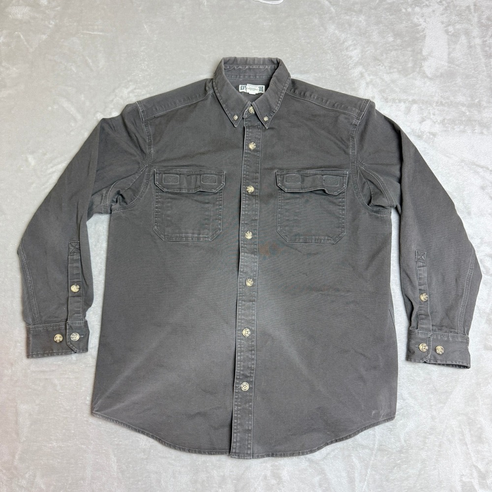Duluth Trading Co Flex Fire Hose Button Down Shirt Men L Gray Faded Work Grunge
